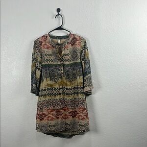 My Beloved Brown Dress Flutter Sleeves Graphic Design Sz S Bohemian Boho TC0803